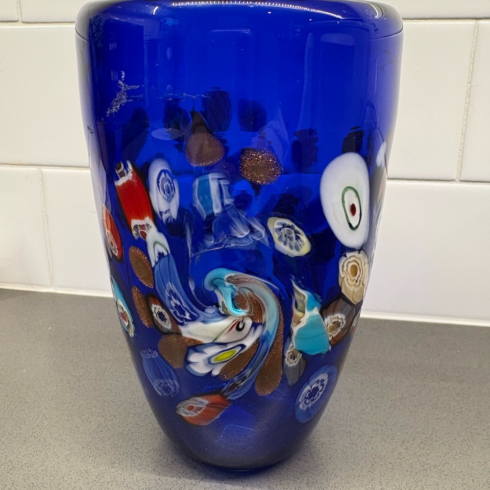 Murano Deep Blue Glass Vase with Millefiore Design - Picture 3 of 6